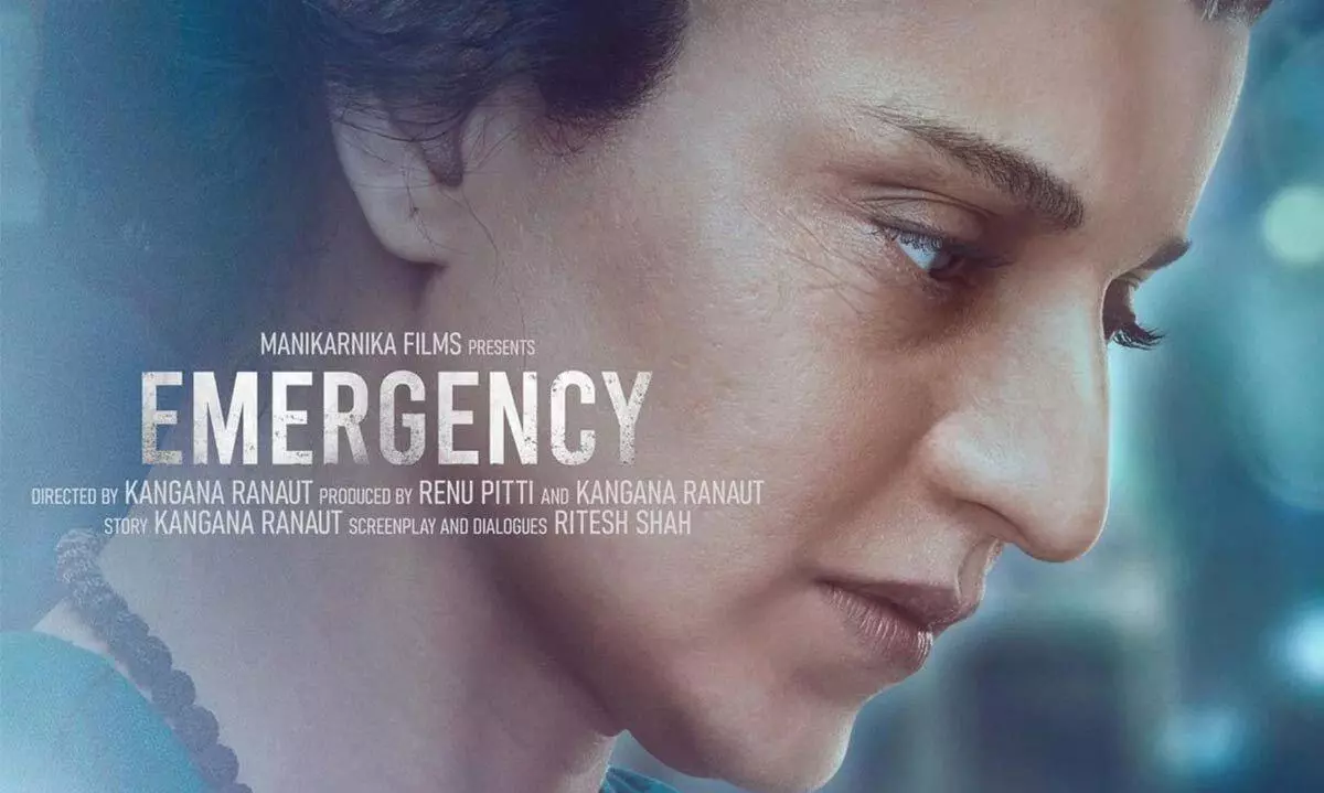 Kangana Ranaut as the lead character in the Emergency movie poster, with a serious expression, set against a backdrop of historical events