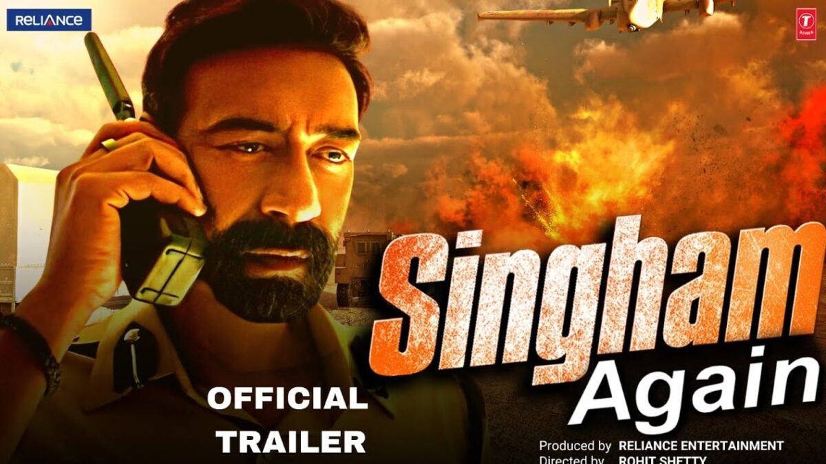 The star-studded cast of "Singham Again" in dynamic action poses, showcasing their intense expressions and high-energy performances.