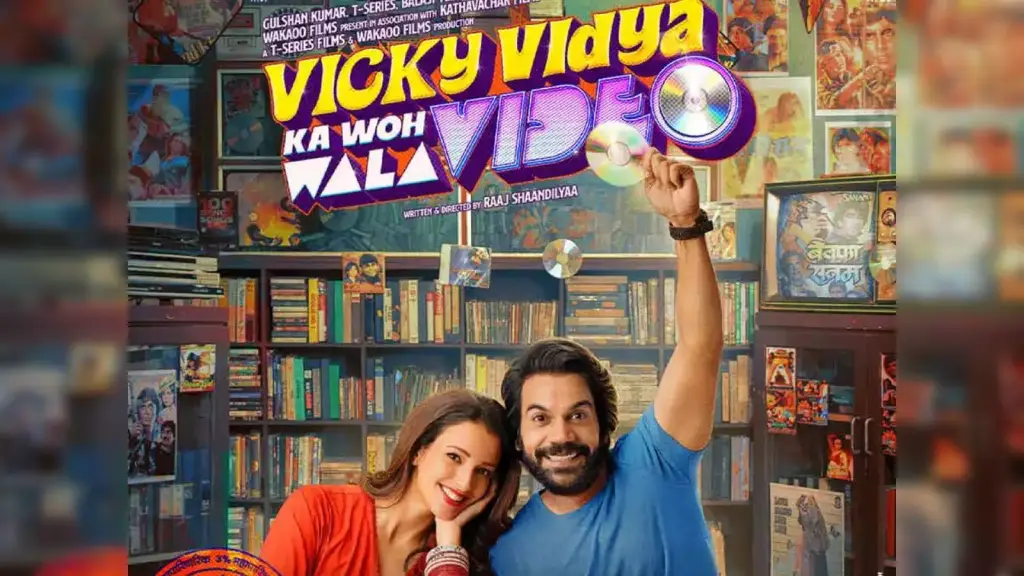 Poster of Vicky Vidya Ka Woh Wala Video, one of the best Hindi comedy films of 2024, featuring vibrant visuals and a humorous vibe with the lead characters in quirky poses