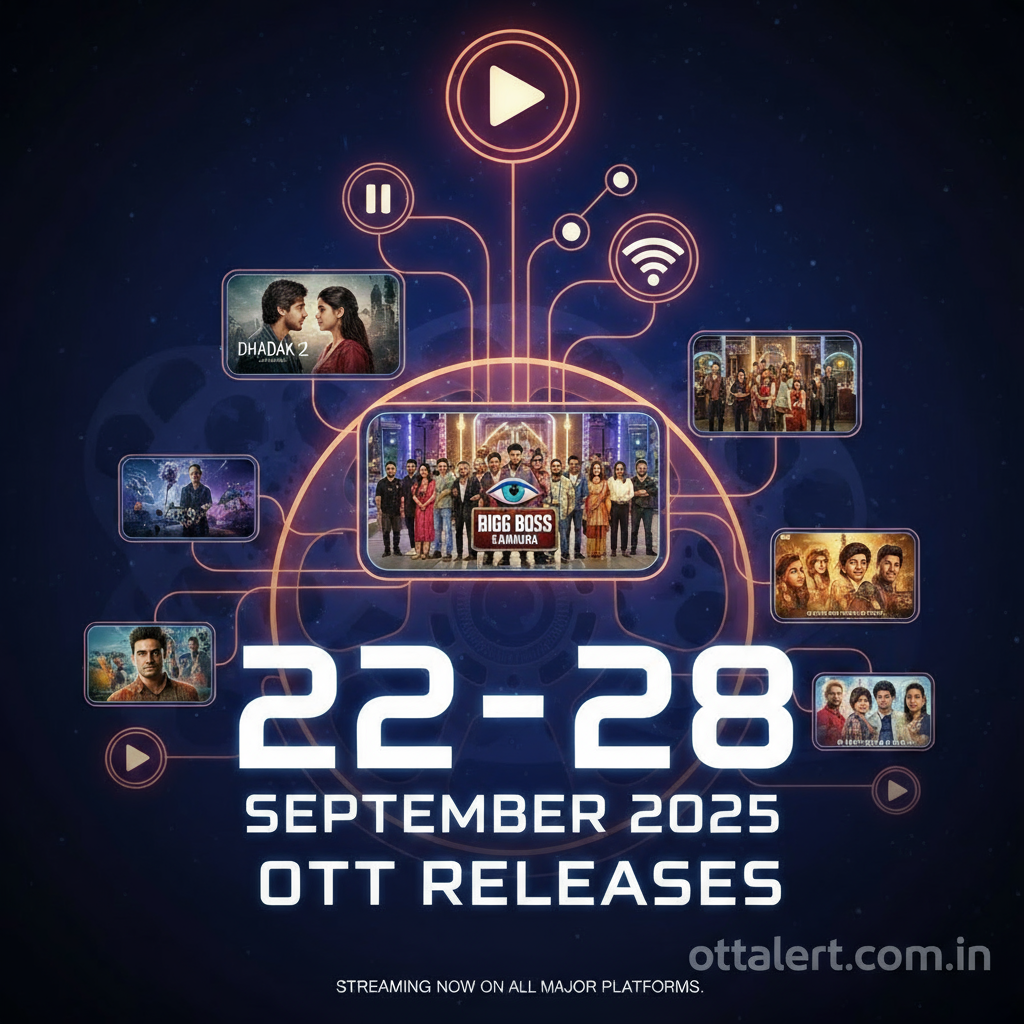 Featured image for OTT releases September 22 to 28, 2025 showing film reels, popular streaming platform icons, thumbnails of Dhadak 2 and Bigg Boss Kannada, with ottalert.com.in watermark
