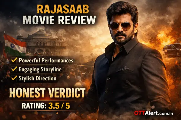 Rajasaab movie review featured image showing lead actor in a powerful dramatic look