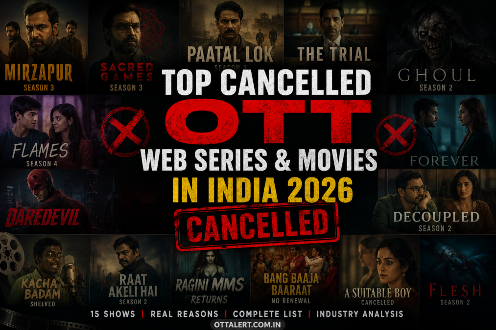 Top Cancelled OTT Web Series & Movies in India 2026 featured image showing a dark collage of popular OTT titles with a bold red "Cancelled" stamp in the center. The artwork highlights cancelled or delayed web series and movies across Netflix, Amazon Prime Video, Disney+ Hotstar, Sony LIV, and ALTBalaji, with the OTTAlert.com.in watermark at the bottom.