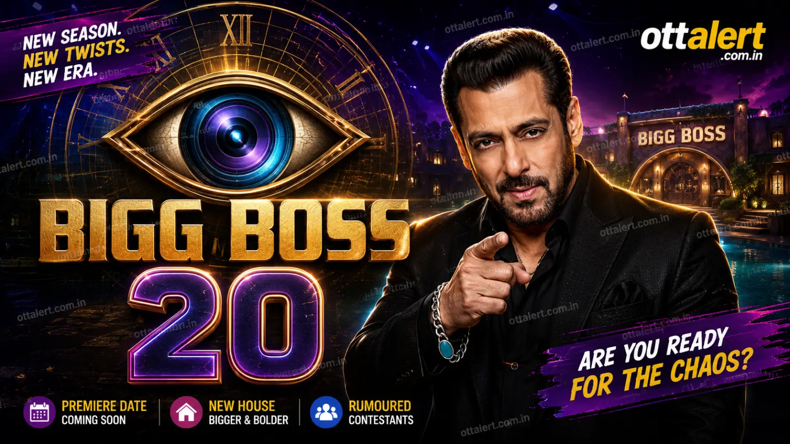 Bigg Boss 20 promotional poster featuring Salman Khan, the Bigg Boss eye logo, a dramatic new house backdrop, and OTT Alert branding.