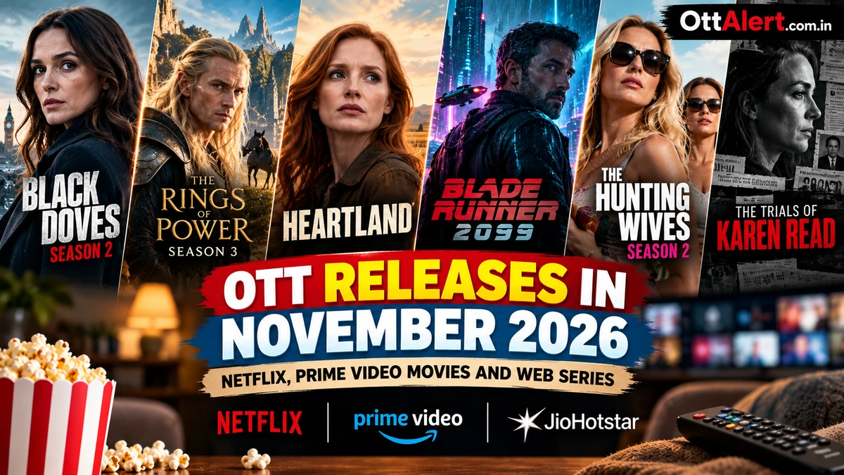 OTT releases in November 2026 featuring Black Doves Season 2, The Rings of Power Season 3, Heartland, Blade Runner 2099 and The Hunting Wives Season 2.